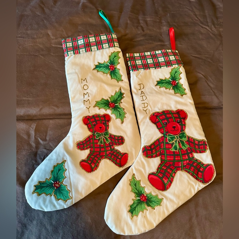 Pair Handmade Vintage “Mommy”&“Daddy” Christmas Stockings w/plaid Teddy bears.
